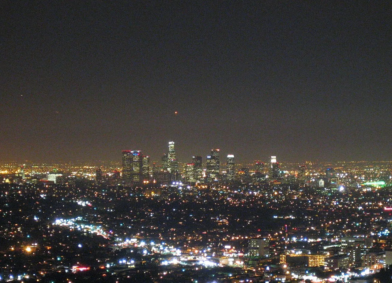 Downtown Los Angeles skyline at night — the city's World Cup 2026 watch culture is spread across neighborhoods rather than one central hub