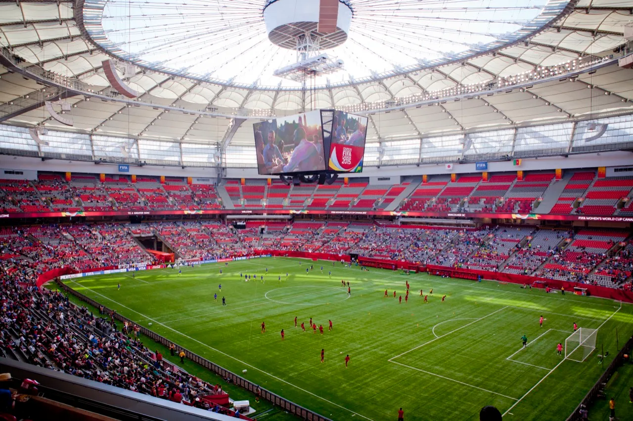 BC Place in downtown Vancouver — known during the 2026 World Cup as Vancouver Stadium, hosting 7 World Cup 2026 matches including both Canada home games (vs Qatar on June 18, vs Switzerland on June 24), Australia vs Türkiye in the Group D opener on June 13, two New Zealand fixtures, plus a Round of 32 on July 2 and a Round of 16 on July 7